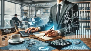 A professional actuary working at a desk with financial charts, graphs, a calculator, and a laptop displaying actuarial calculations in a modern office setting.