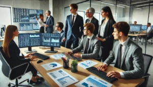 Young actuarial interns collaborating with senior professionals in a modern office, analyzing financial models and risk assessments on computer screens