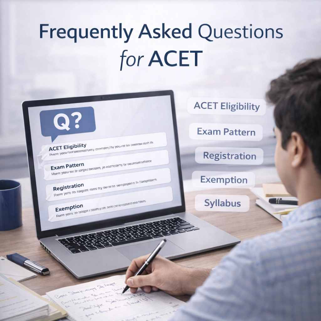 Student viewing ACET frequently asked questions on laptop screen with topics like eligibility, exam pattern and registration