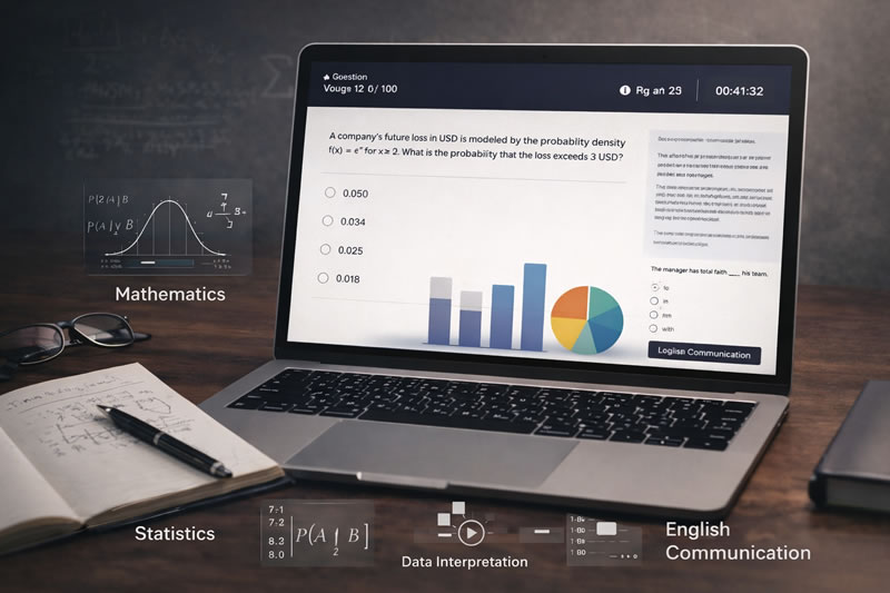 ACET exam subjects including Mathematics, Statistics, Data Interpretation, Logical Reasoning and English displayed on online test interface